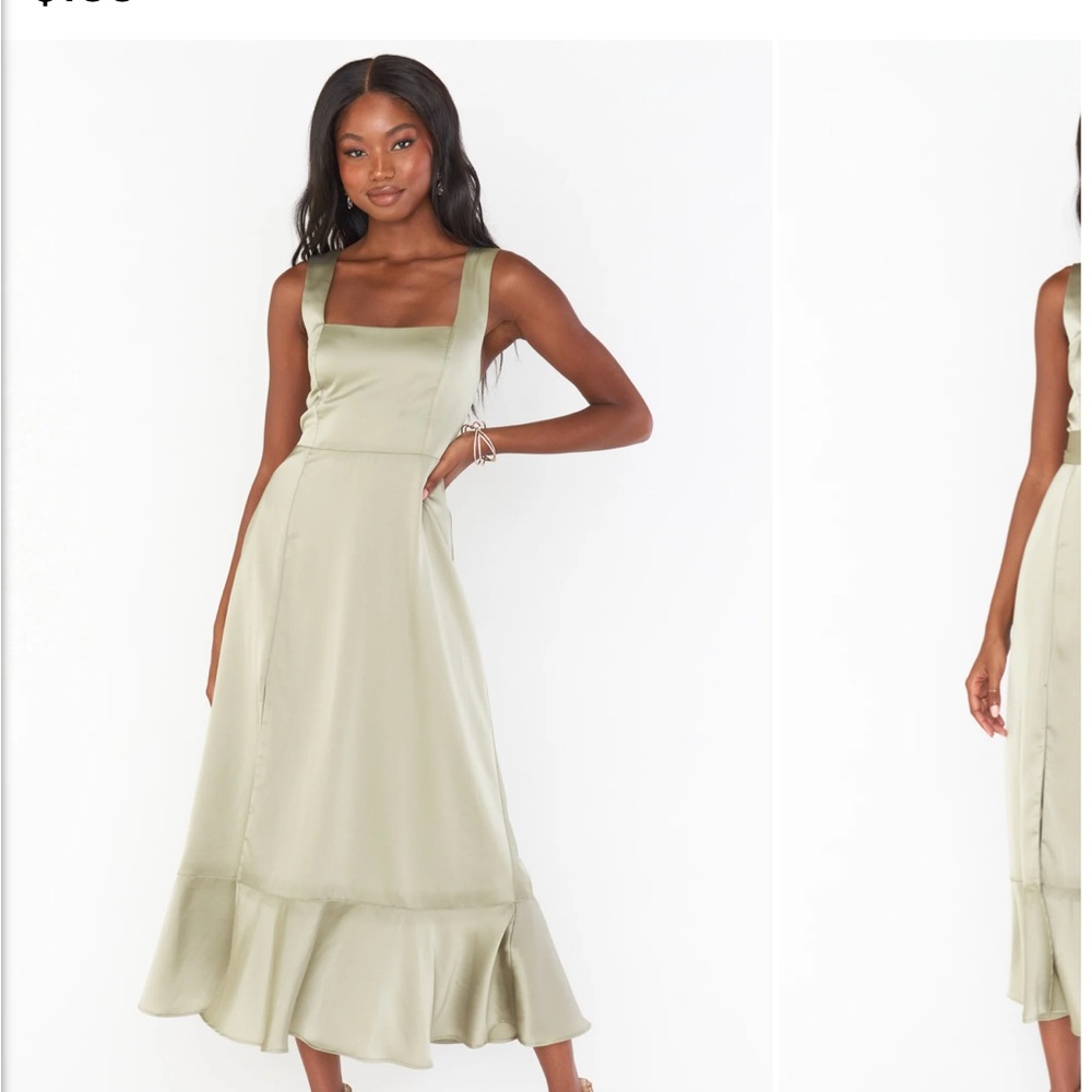 Show me your Mumu Claire Midi bridesmaid Dress in satin moss green